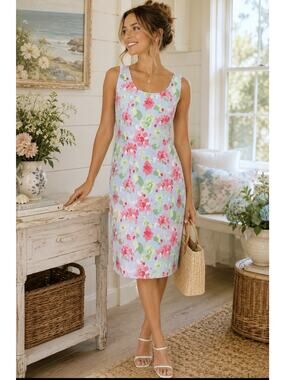 VTG Tessuto Dress 60s Floral Shift Sleeveless Garden Party Coastal Cottagecore 8